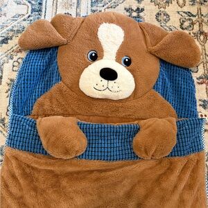 Brown & Blue Puppy Kids Sleeping Bag - Plush Cozy Nap Sack - EUC